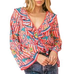Flying Tomato Ruffle Floral Stripe Wrap Blouse Size Large